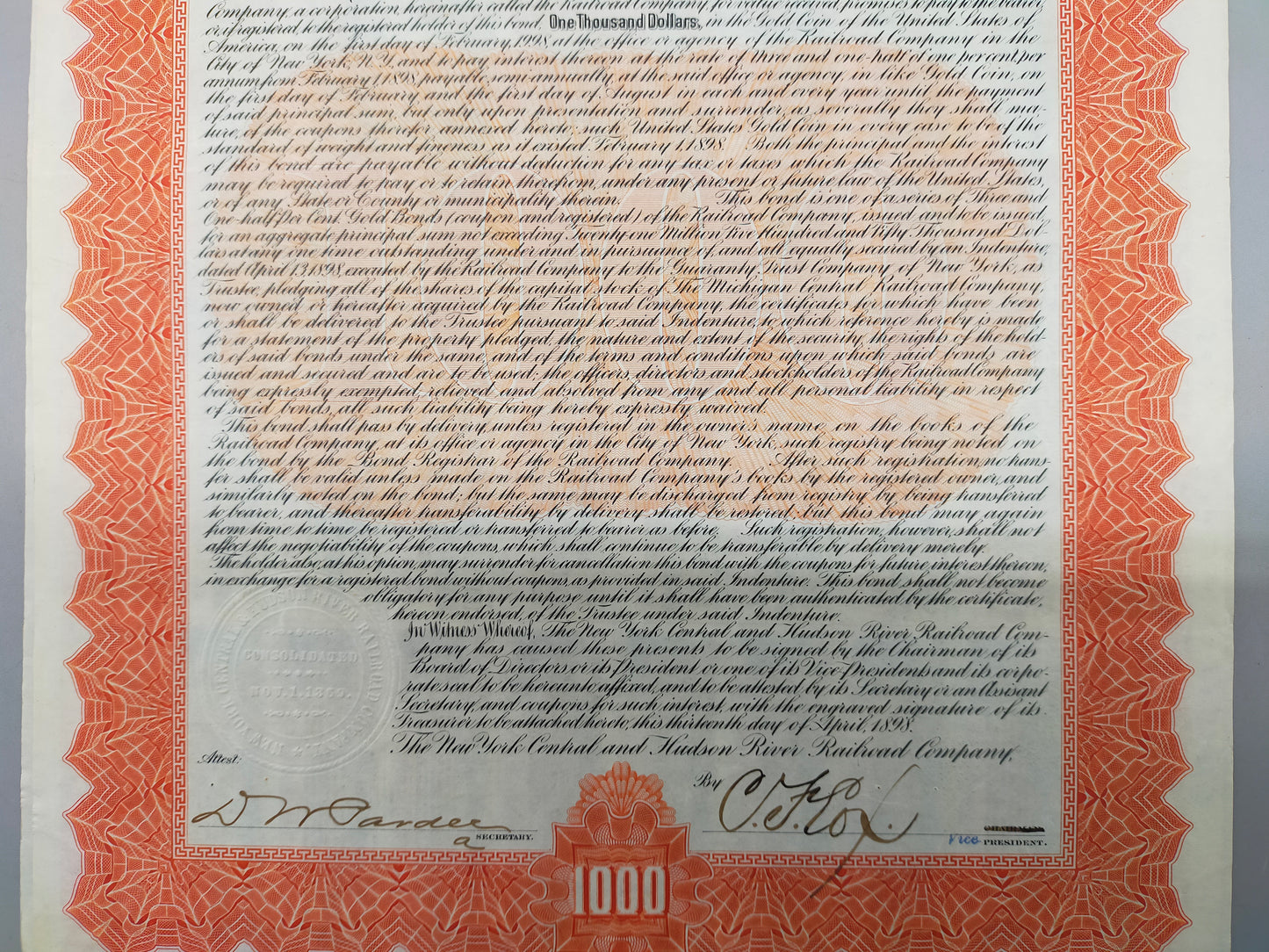 Antike Gold Bond Aktie New York Central & Hudson River Railroad