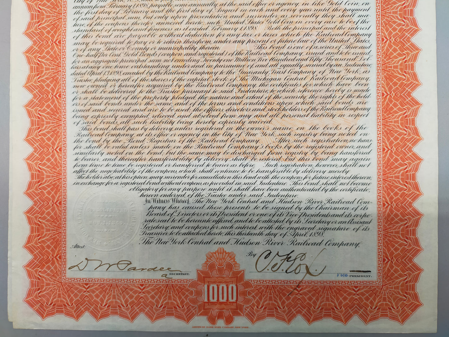 Antike Gold Bond Aktie New York Central & Hudson River Railroad