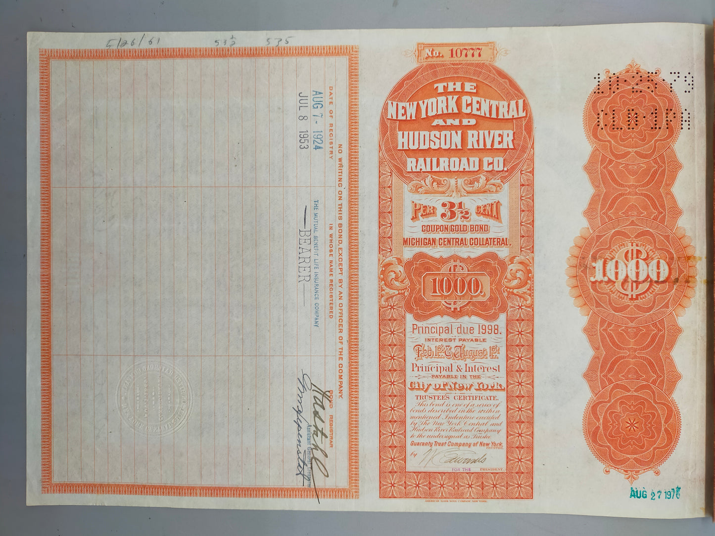 Antike Gold Bond Aktie New York Central & Hudson River Railroad