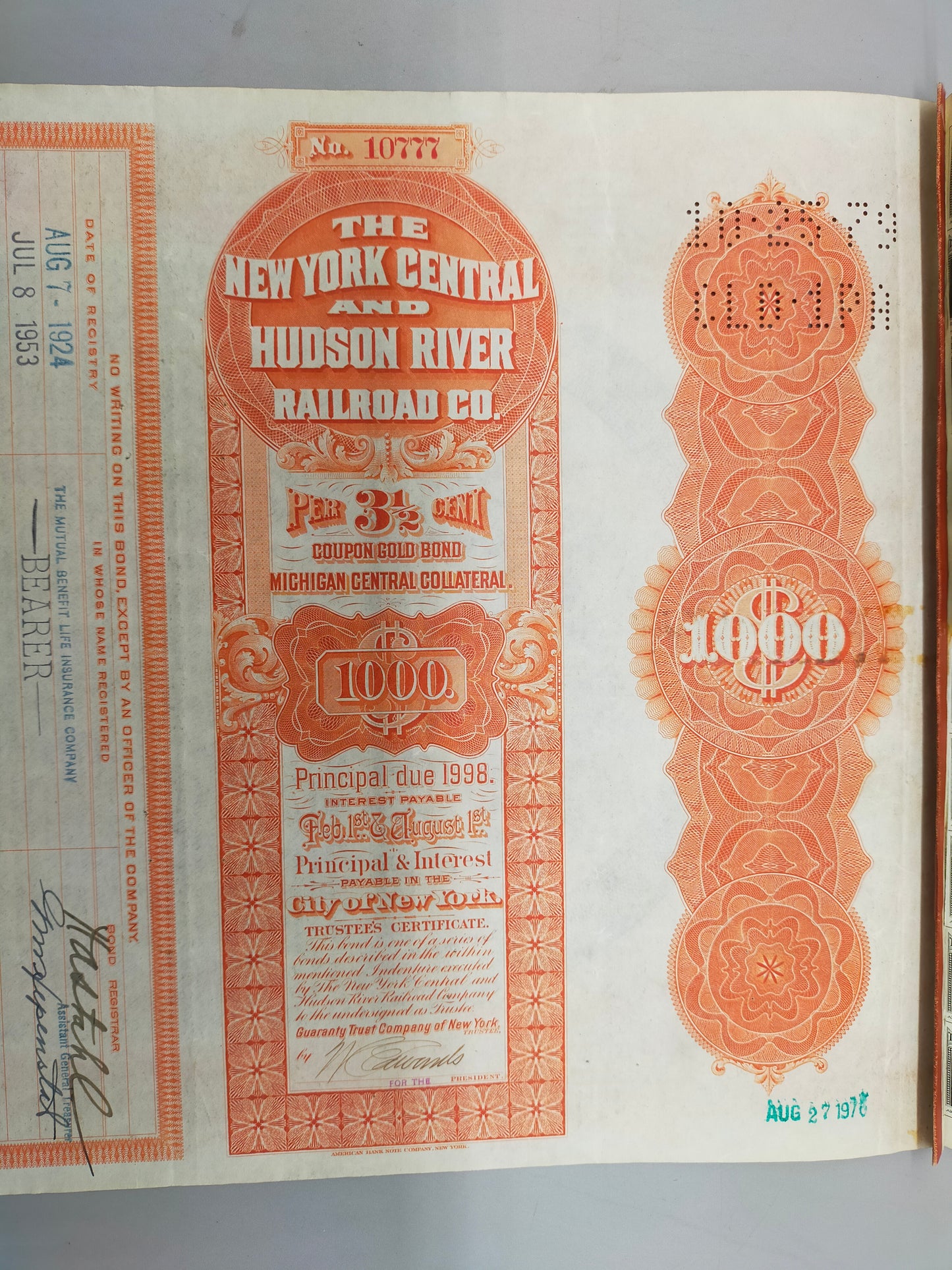 Antike Gold Bond Aktie New York Central & Hudson River Railroad