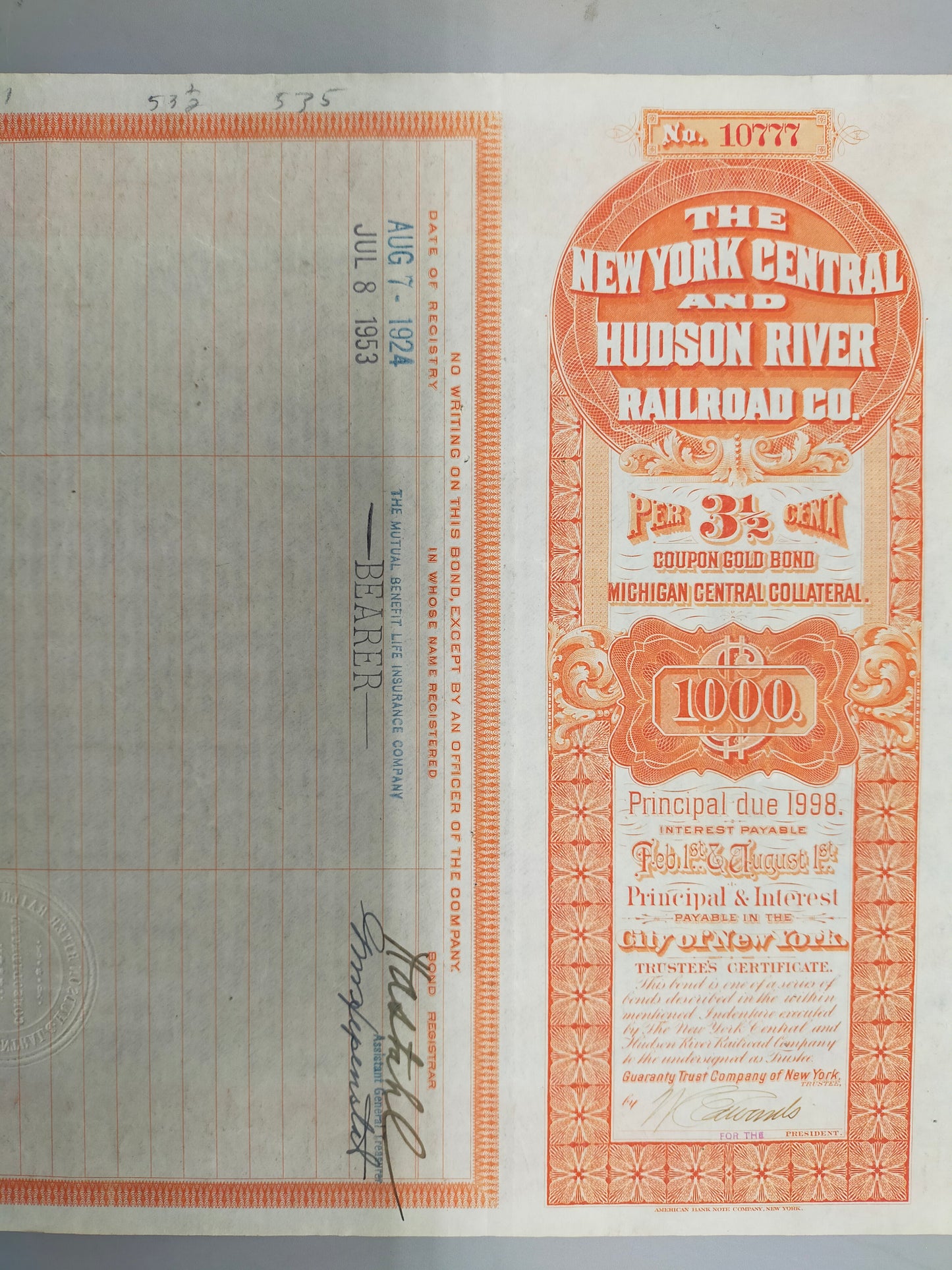 Antike Gold Bond Aktie New York Central & Hudson River Railroad
