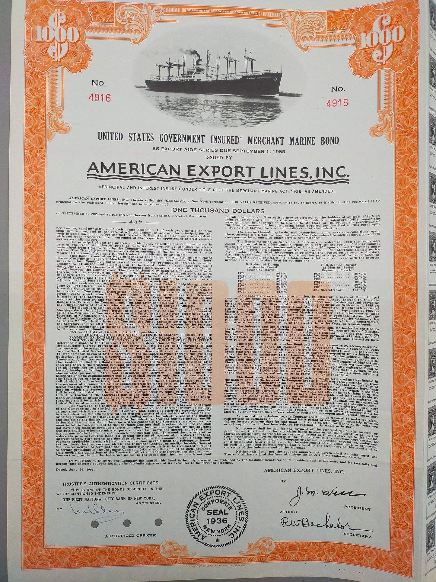 Historische American Export Lines Anleihe 1961