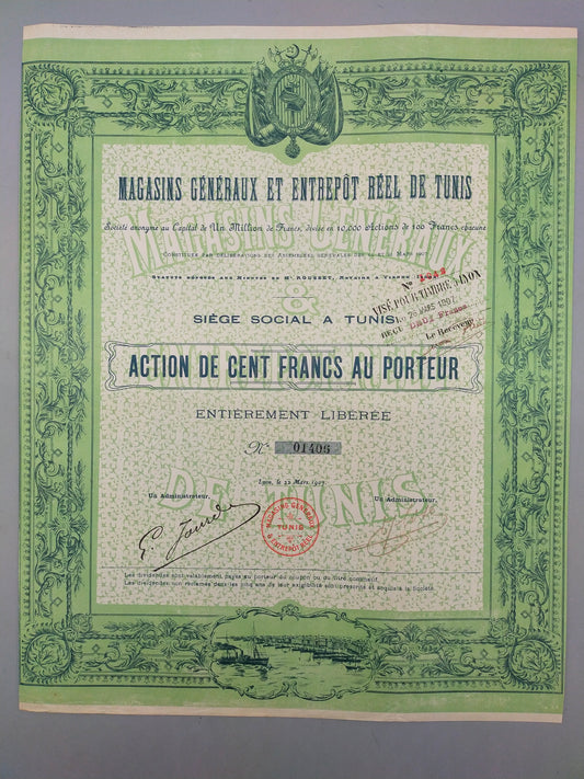 Historische Aktie der Magasins Généraux et Entrepôt Réel de Tunis – 1907