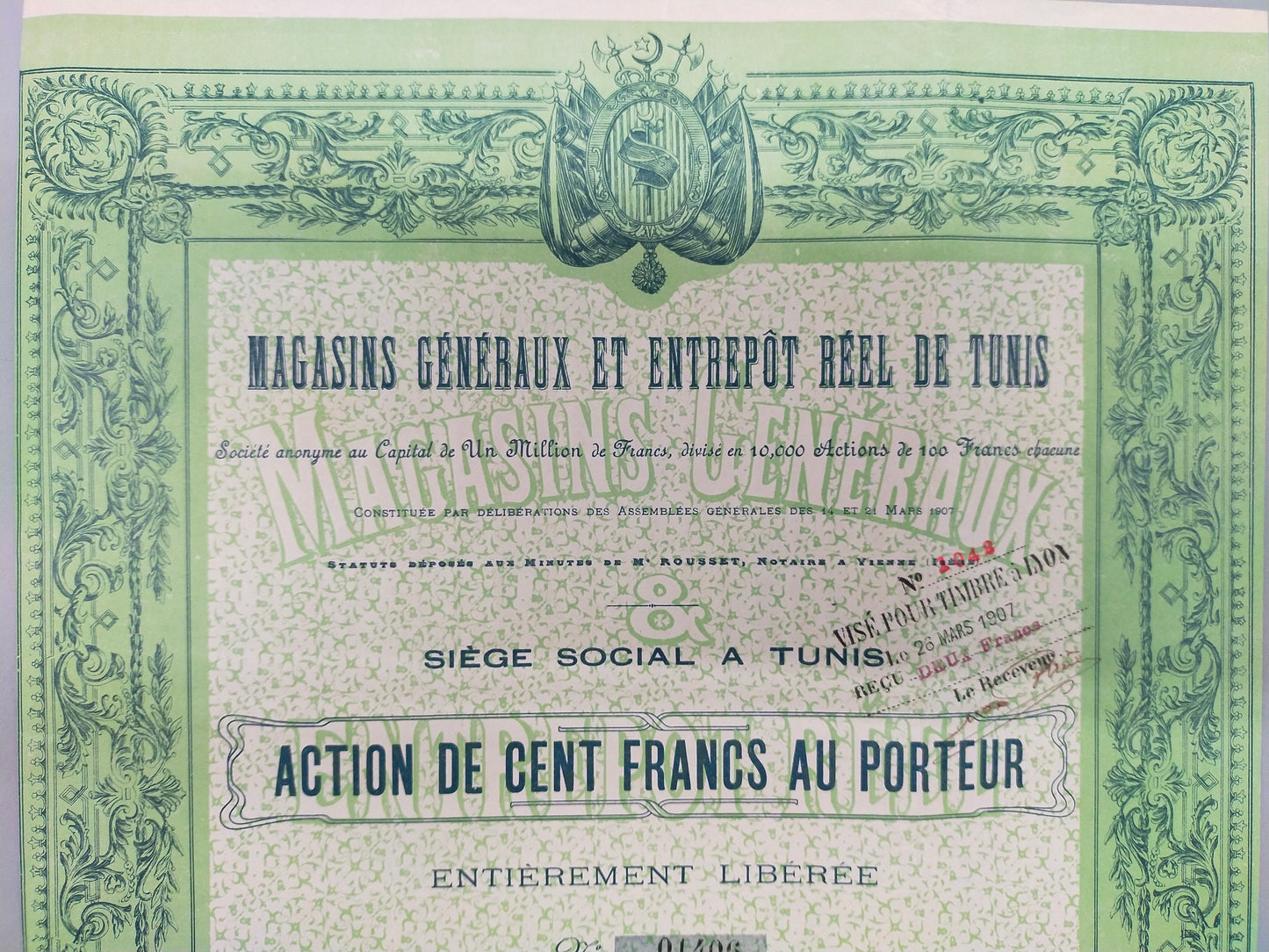 Historische Aktie der Magasins Généraux et Entrepôt Réel de Tunis – 1907