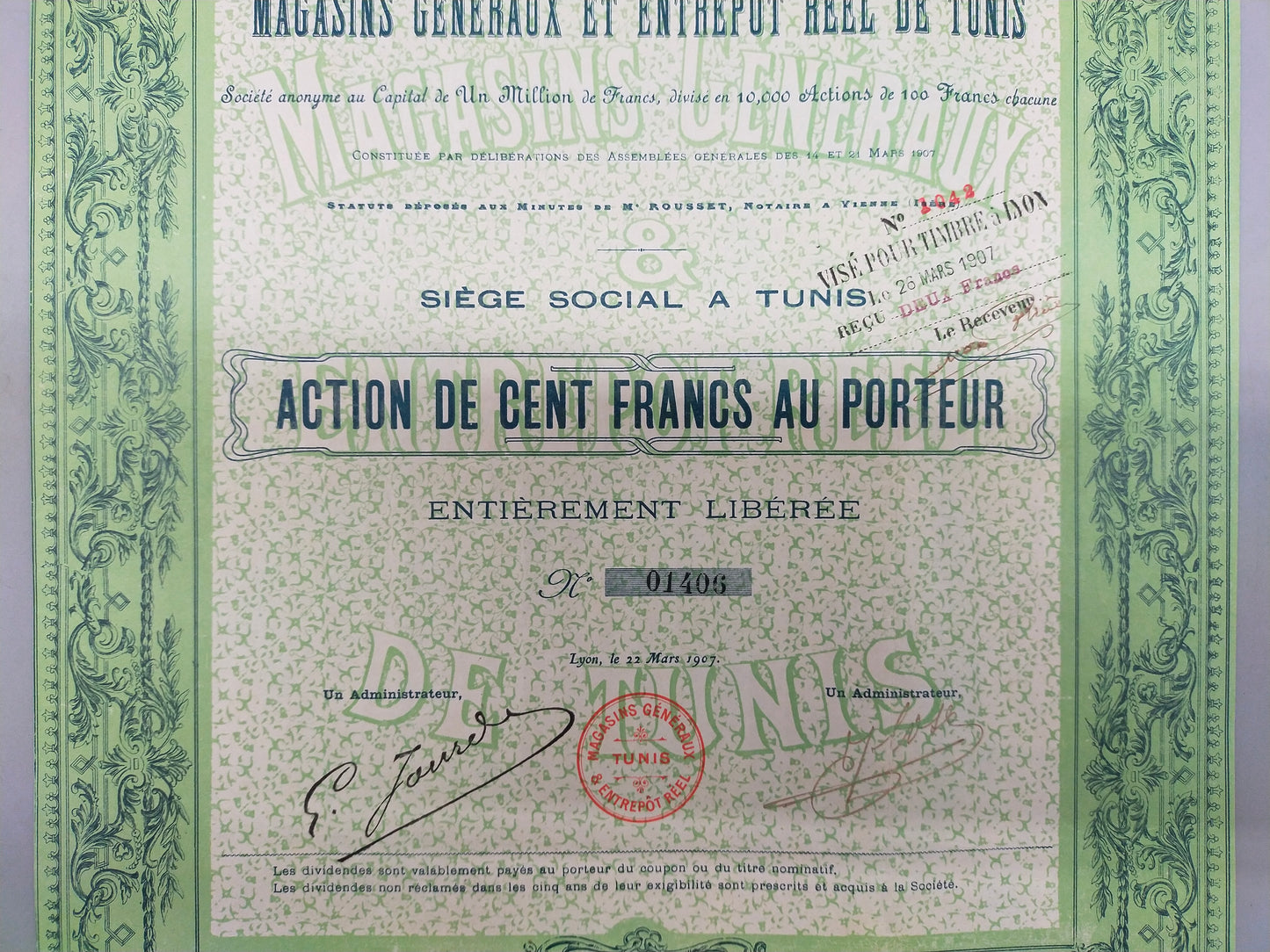 Historische Aktie der Magasins Généraux et Entrepôt Réel de Tunis – 1907