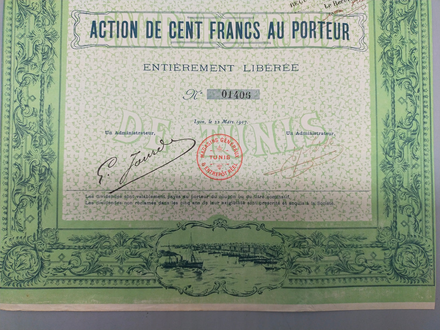 Historische Aktie der Magasins Généraux et Entrepôt Réel de Tunis – 1907