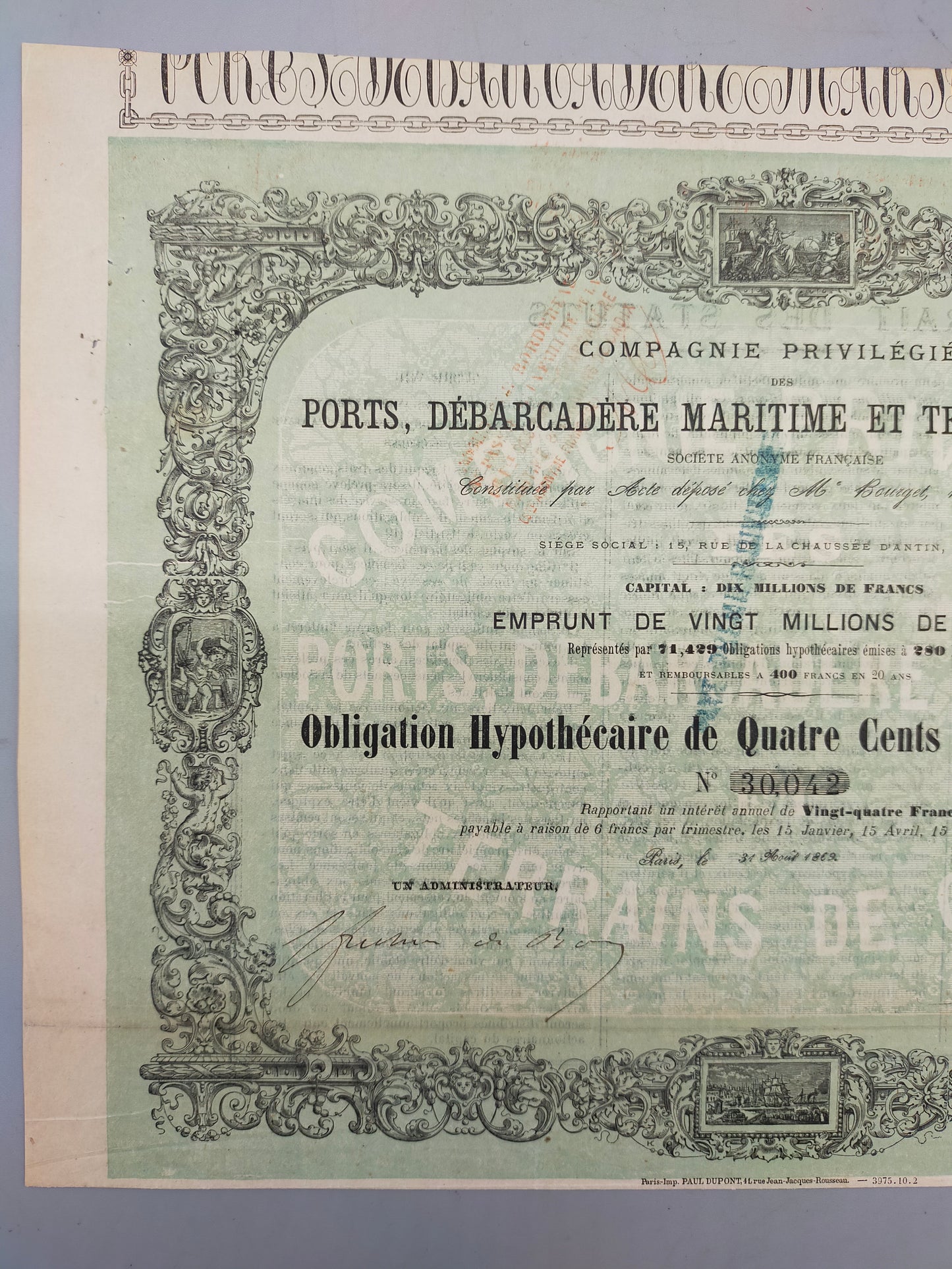 Antike französische Anleihe 1863 Ports de Cadix Aktie