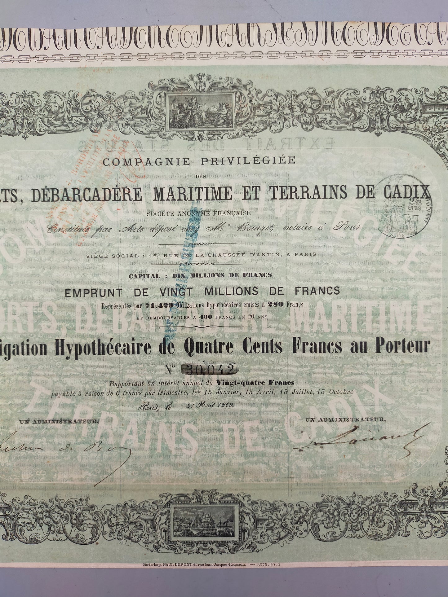 Antike französische Anleihe 1863 Ports de Cadix Aktie