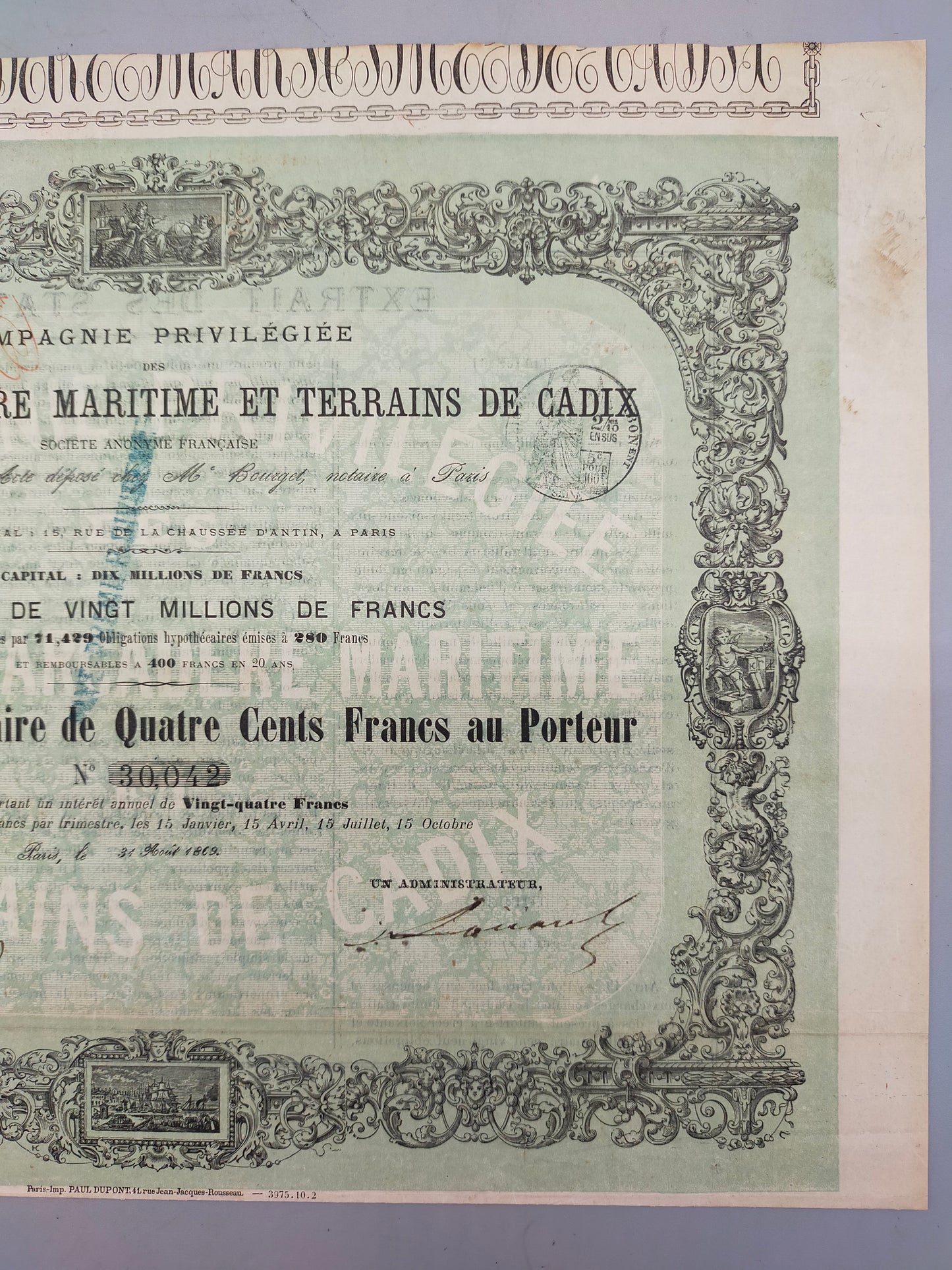 Antike französische Anleihe 1863 Ports de Cadix Aktie