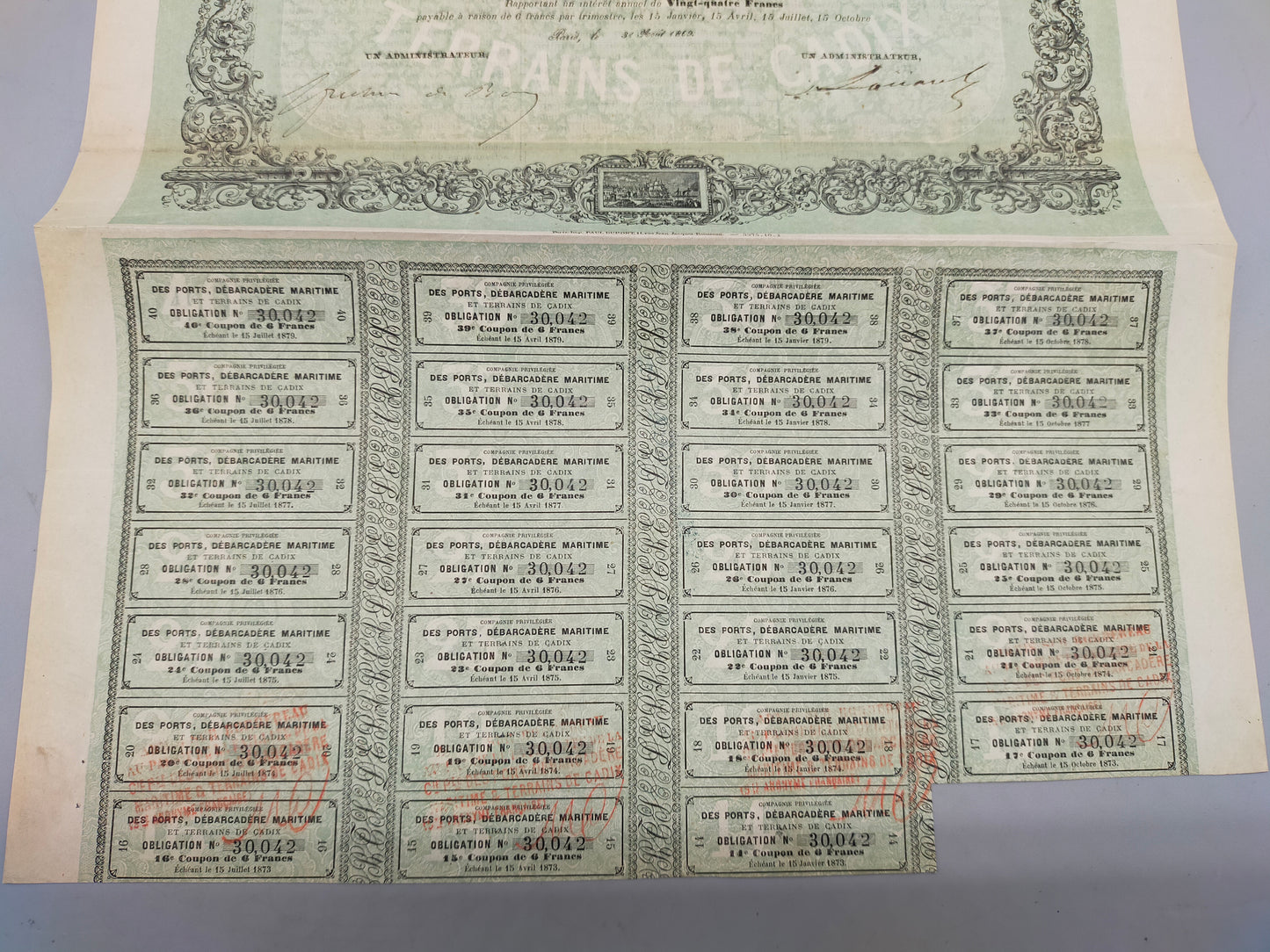 Antike französische Anleihe 1863 Ports de Cadix Aktie