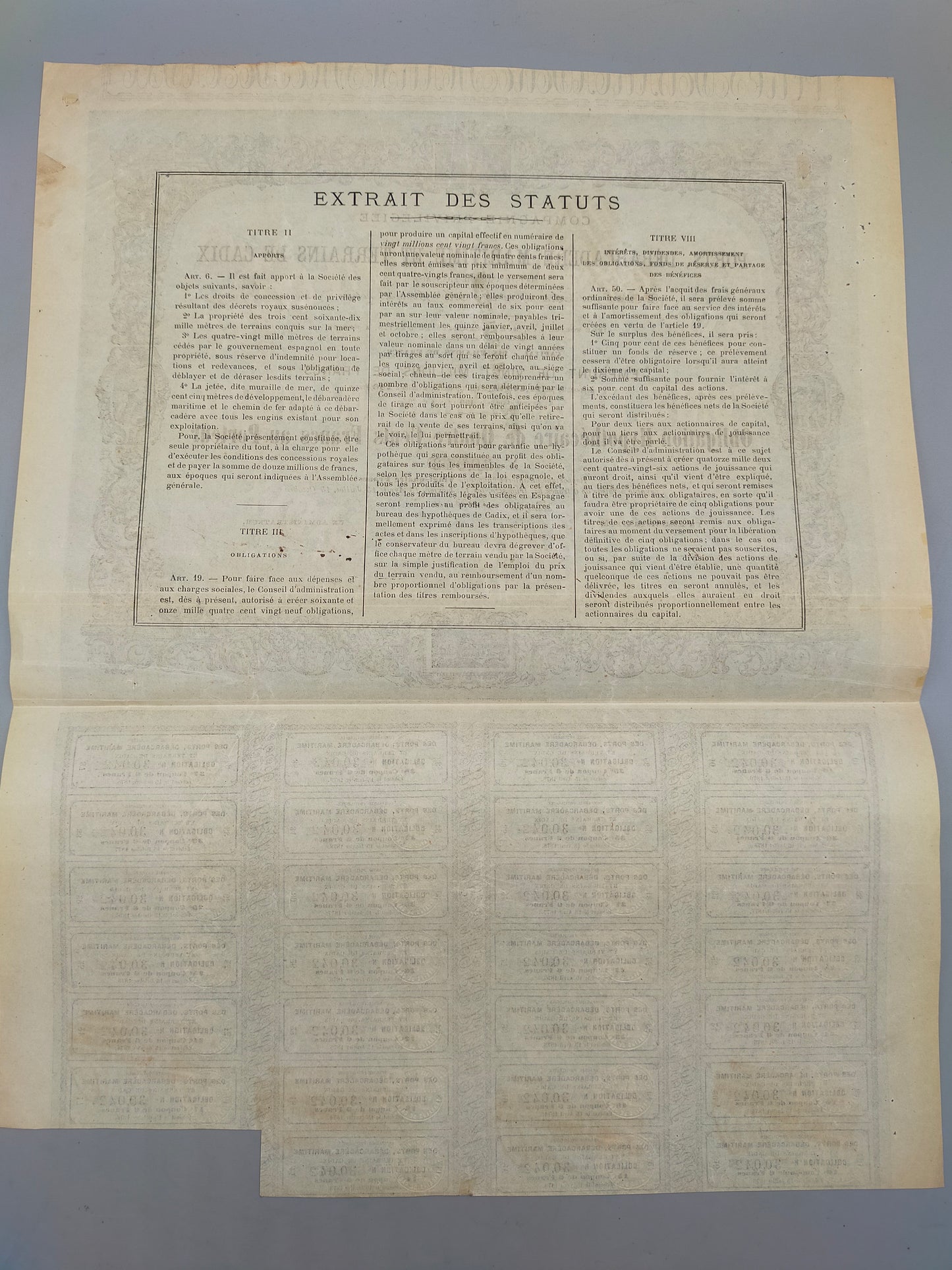 Antike französische Anleihe 1863 Ports de Cadix Aktie
