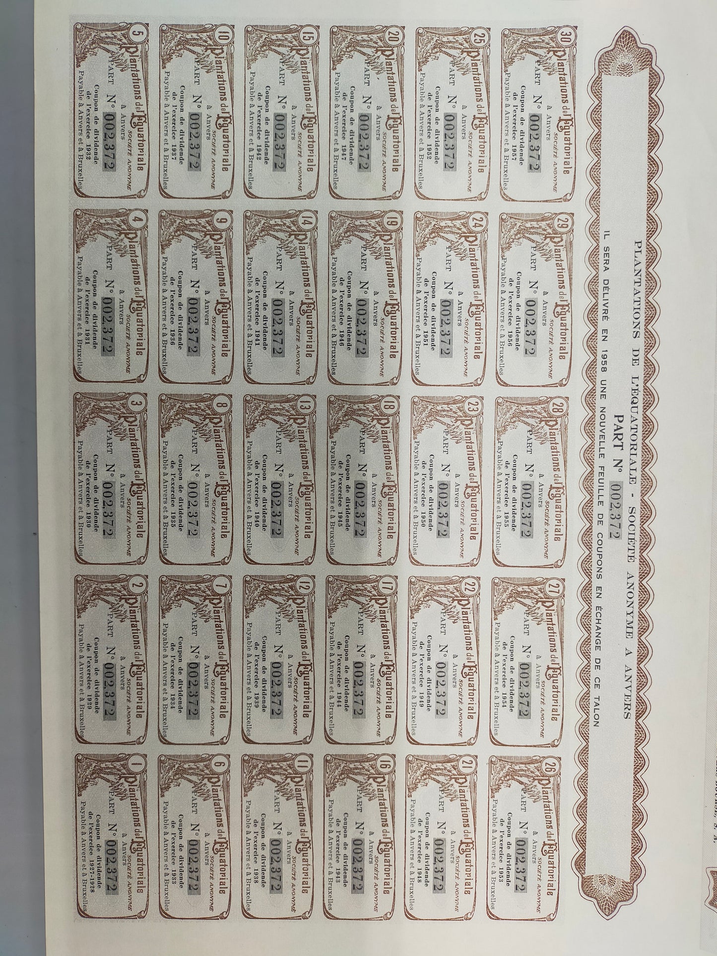 Historische Aktie Plantations de l'Équatoriale Antwerpen 1927