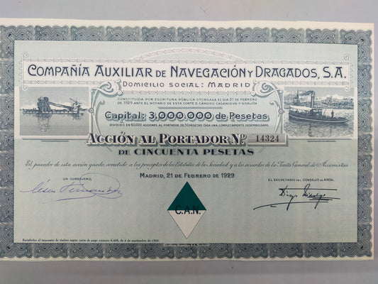 Historische Inhaberaktie Compañía Auxiliar de Navegación 1929