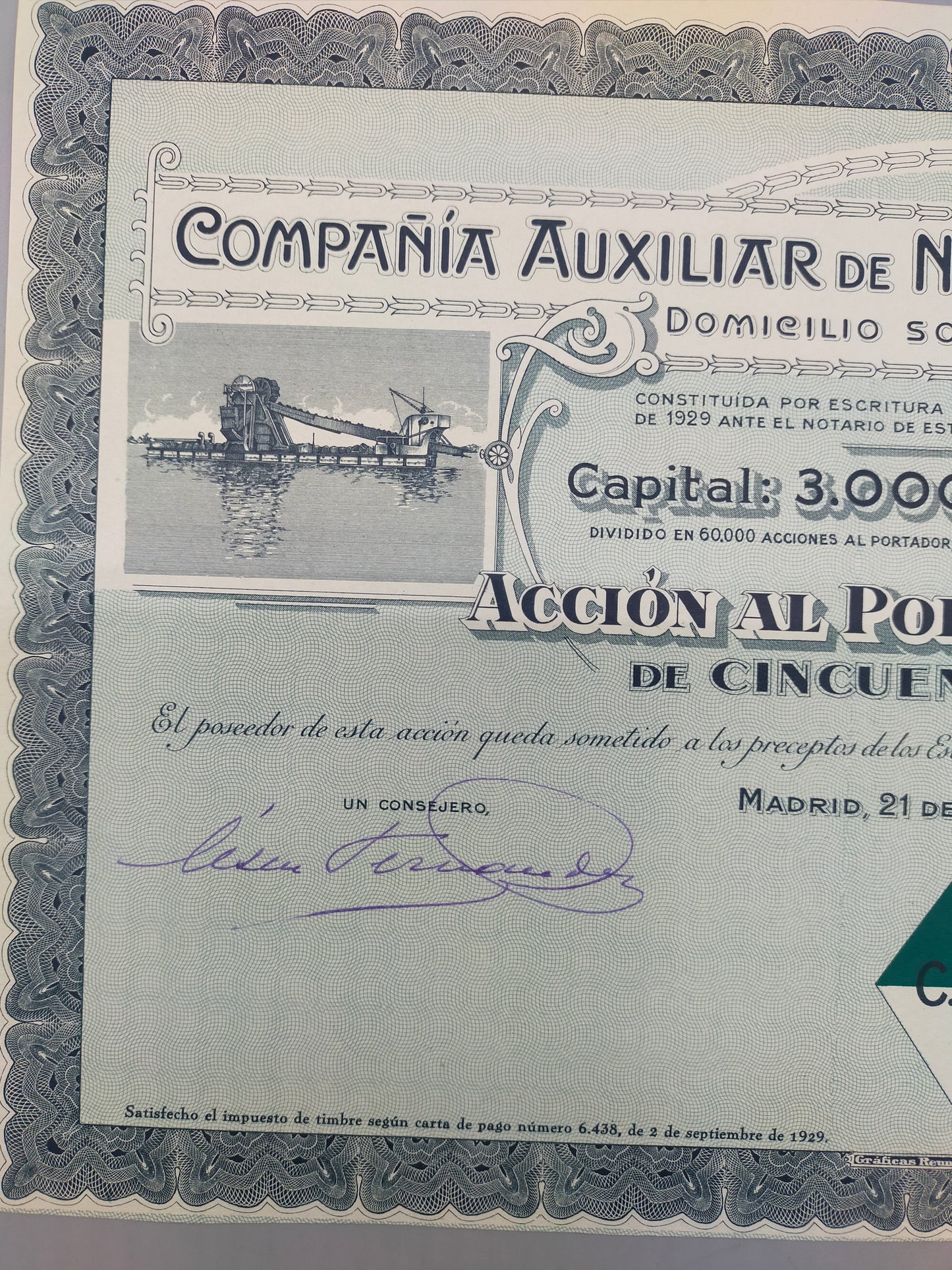 Historische Inhaberaktie Compañía Auxiliar de Navegación 1929