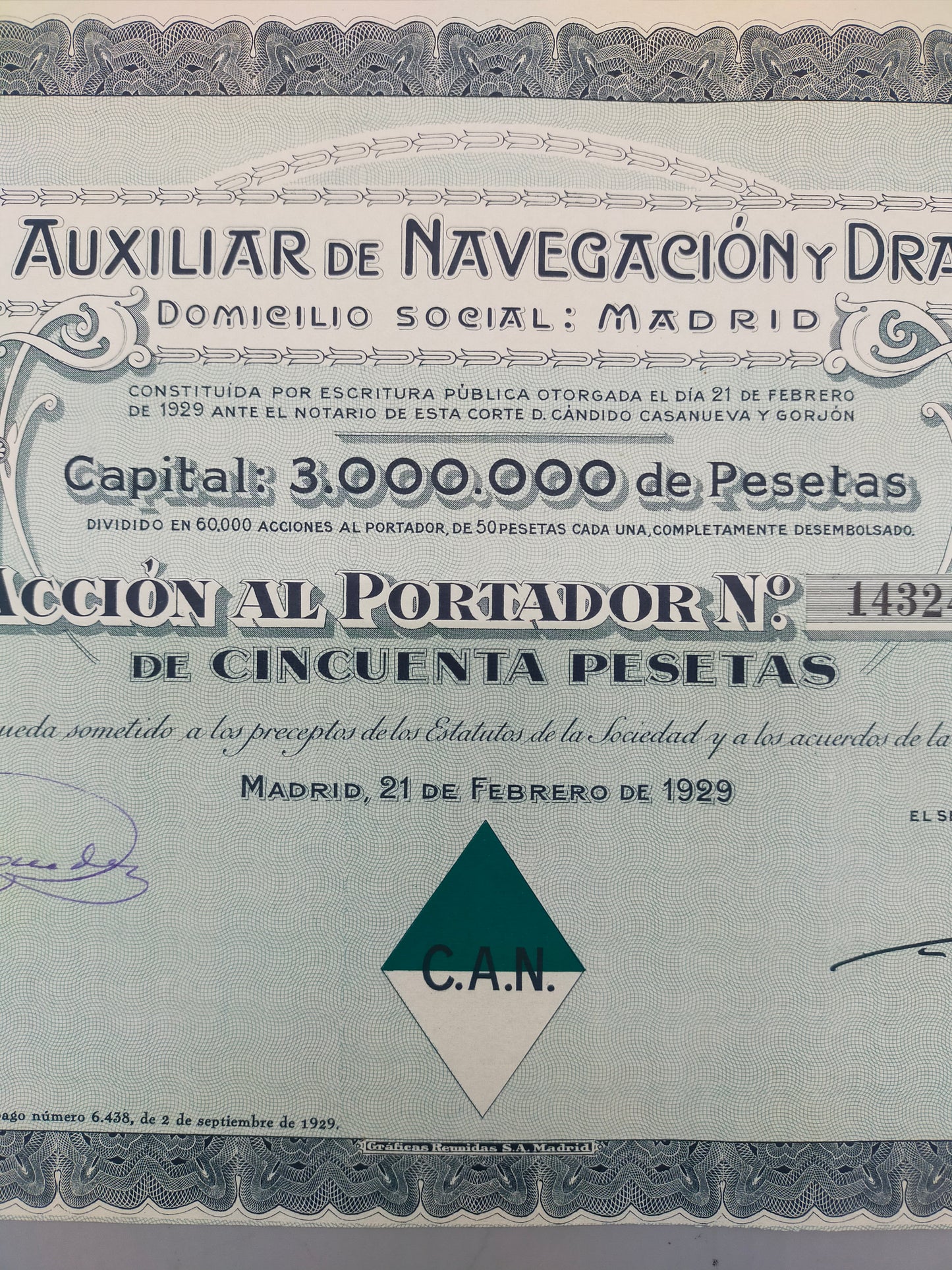 Historische Inhaberaktie Compañía Auxiliar de Navegación 1929