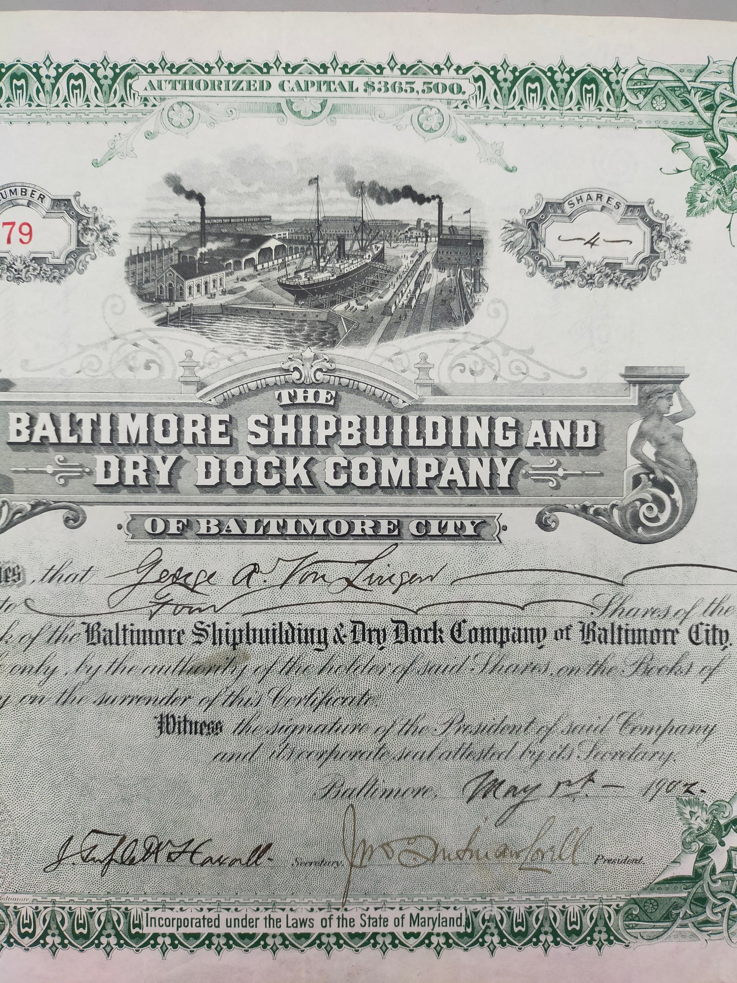 Antike Aktie Baltimore Shipbuilding and Dry Dock Company von 1902
