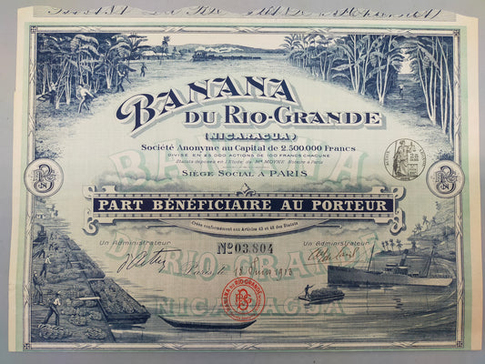 Historische Aktie Banana du Rio-Grande 1913 – Nicaragua Rarität