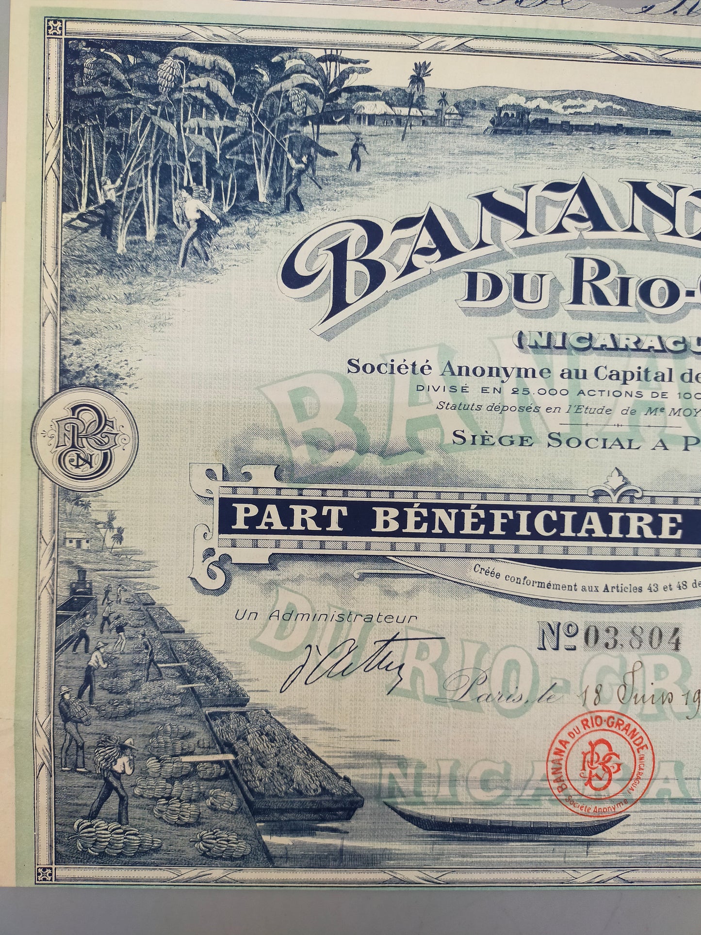 Historische Aktie Banana du Rio-Grande 1913 – Nicaragua Rarität