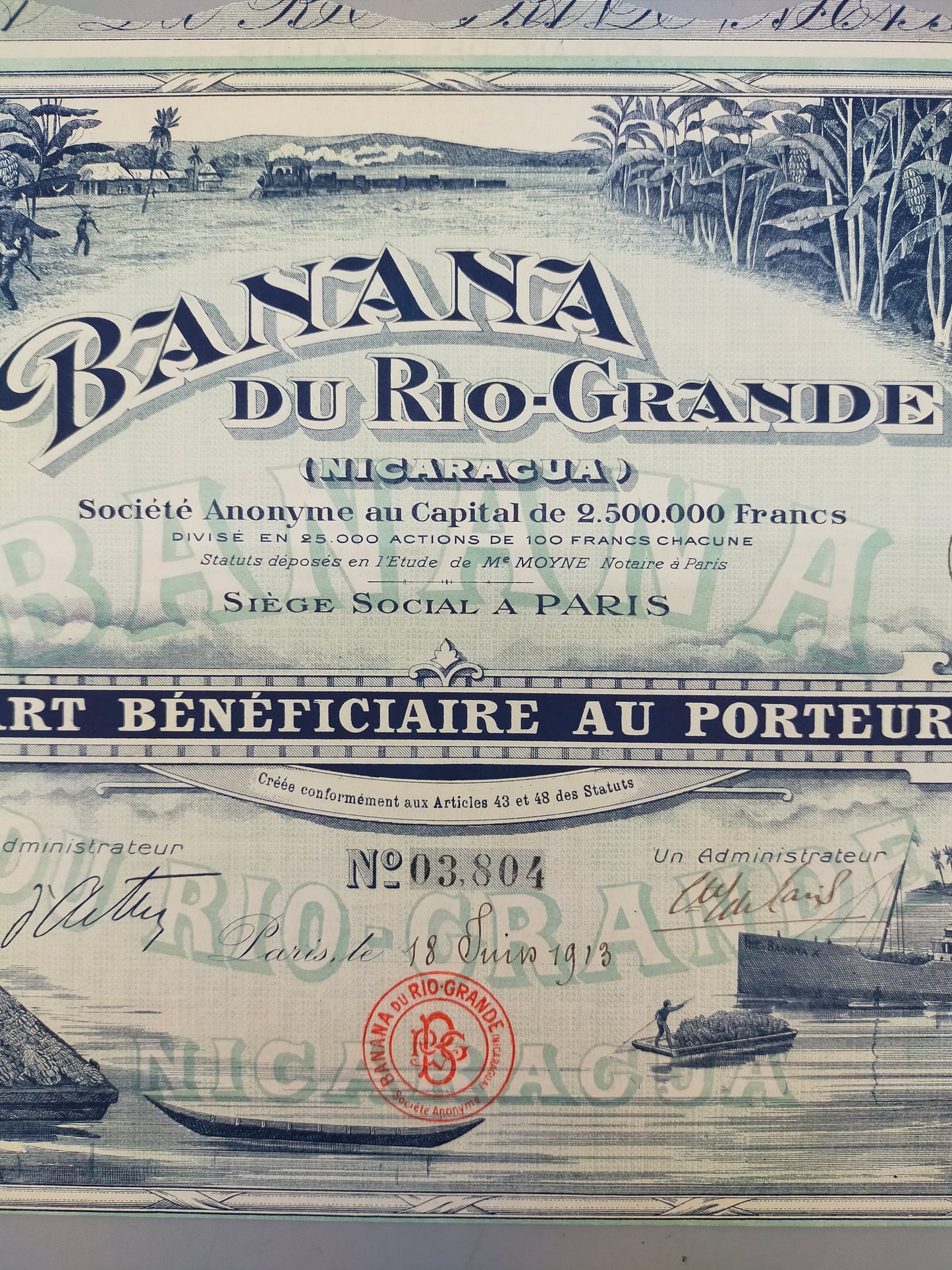 Historische Aktie Banana du Rio-Grande 1913 – Nicaragua Rarität