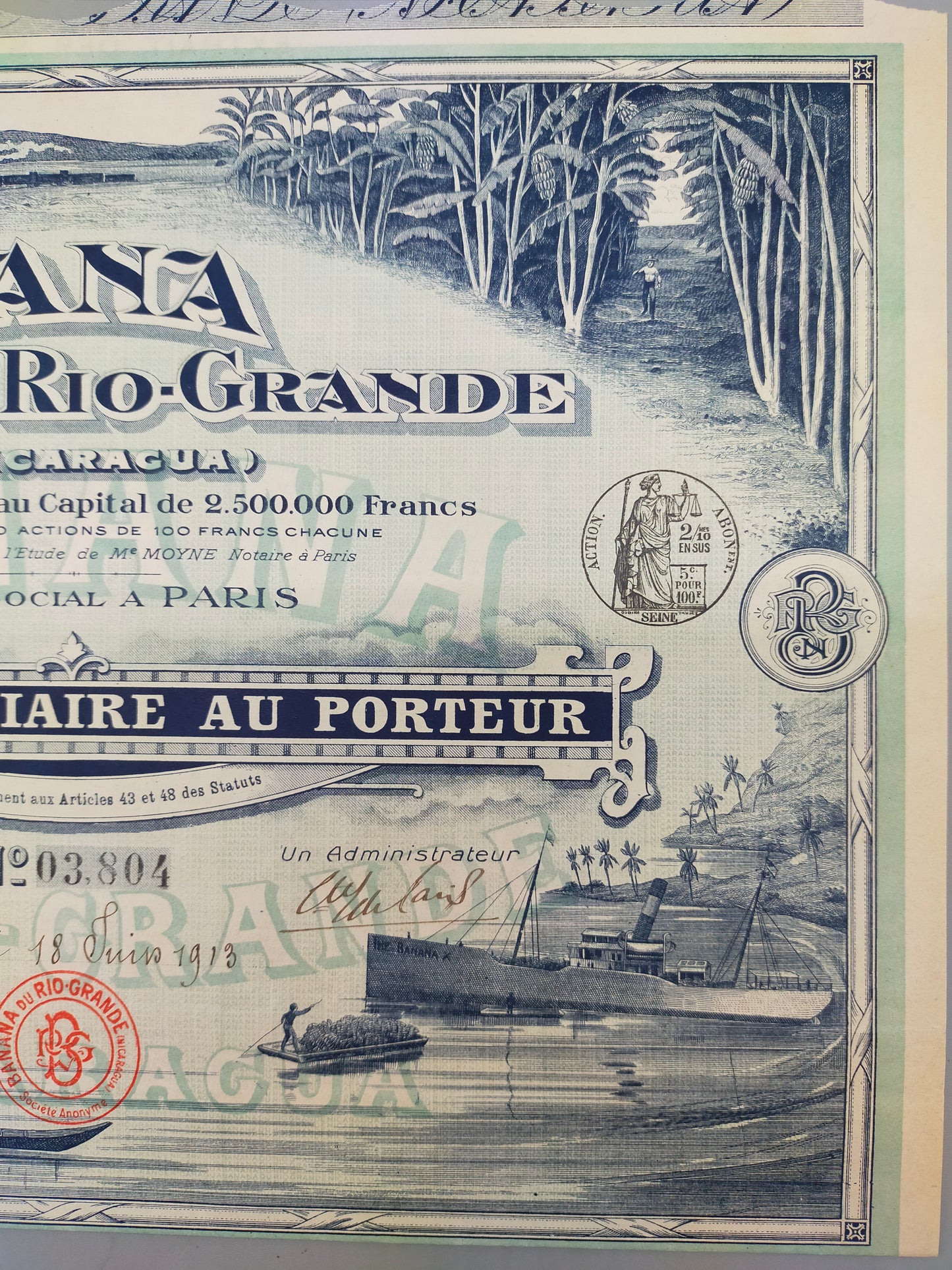 Historische Aktie Banana du Rio-Grande 1913 – Nicaragua Rarität