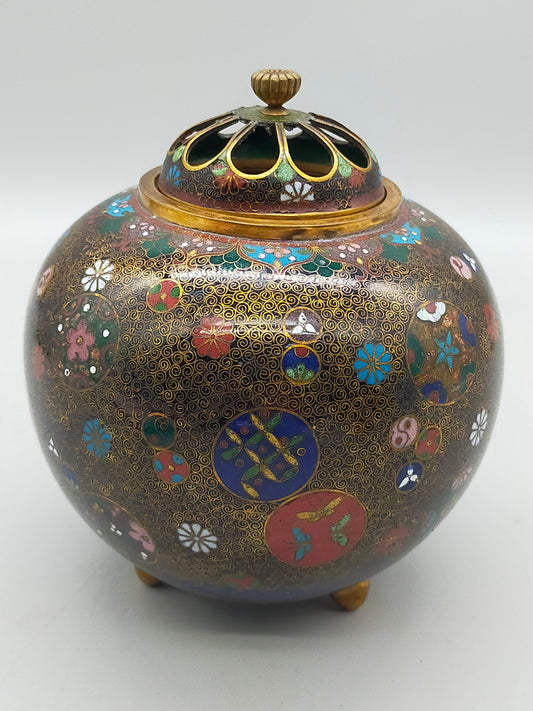 Prachtvolle Japanische Cloisonné Deckeldose Florales Design Goldakzente