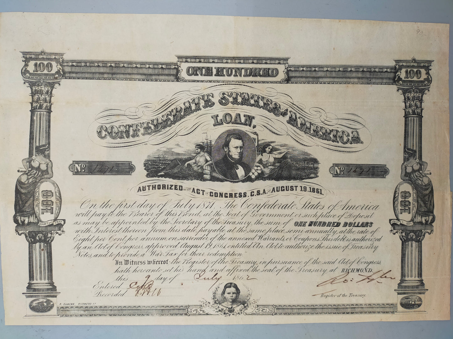 Historische Confederate States of America 100 Dollar Anleihe von 1862