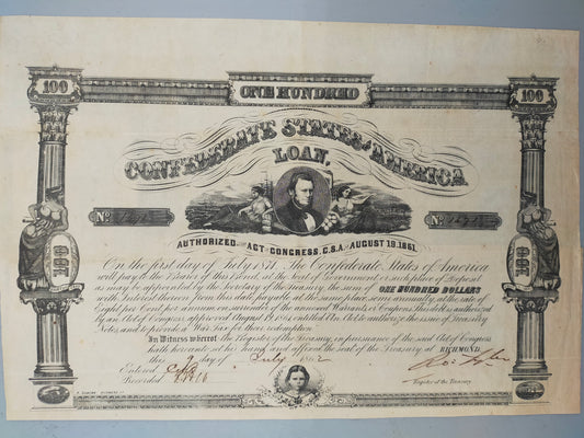 Historische Confederate States of America 100 Dollar Anleihe von 1862
