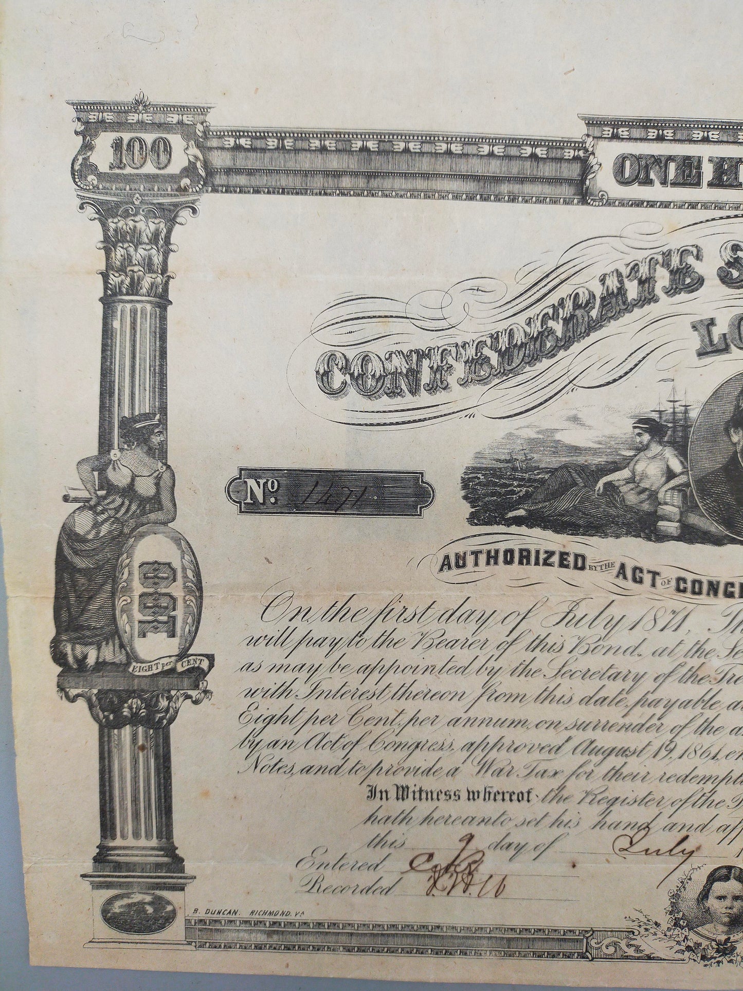 Historische Confederate States of America 100 Dollar Anleihe von 1862
