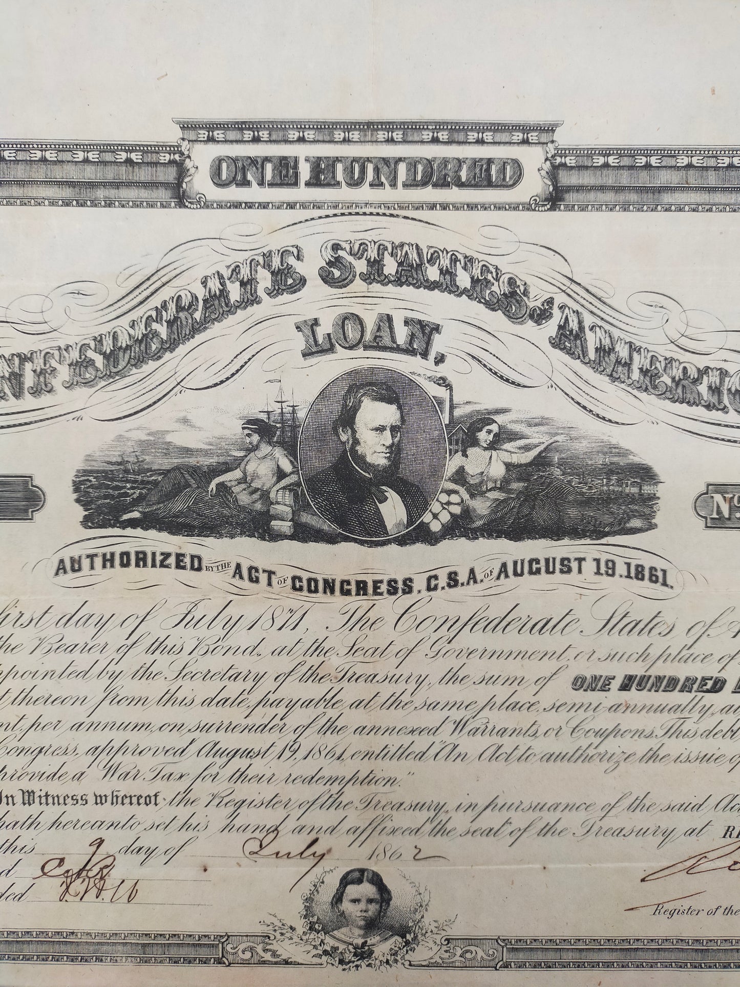 Historische Confederate States of America 100 Dollar Anleihe von 1862