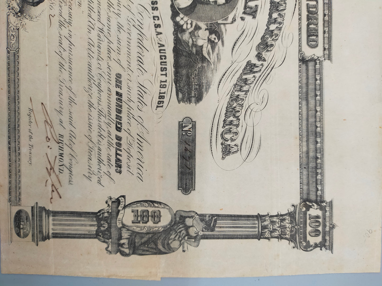 Historische Confederate States of America 100 Dollar Anleihe von 1862