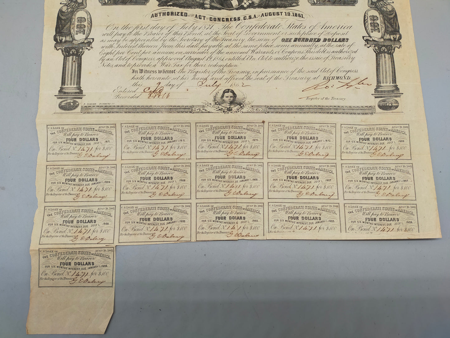 Historische Confederate States of America 100 Dollar Anleihe von 1862