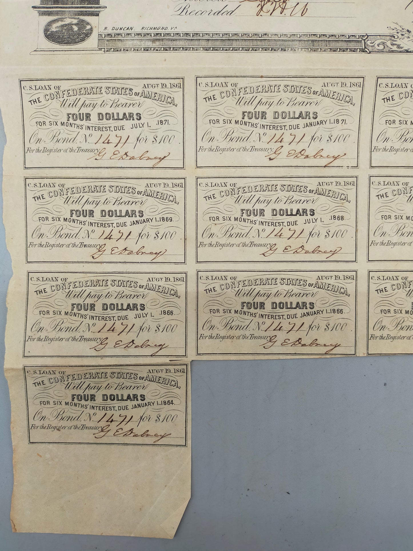 Historische Confederate States of America 100 Dollar Anleihe von 1862