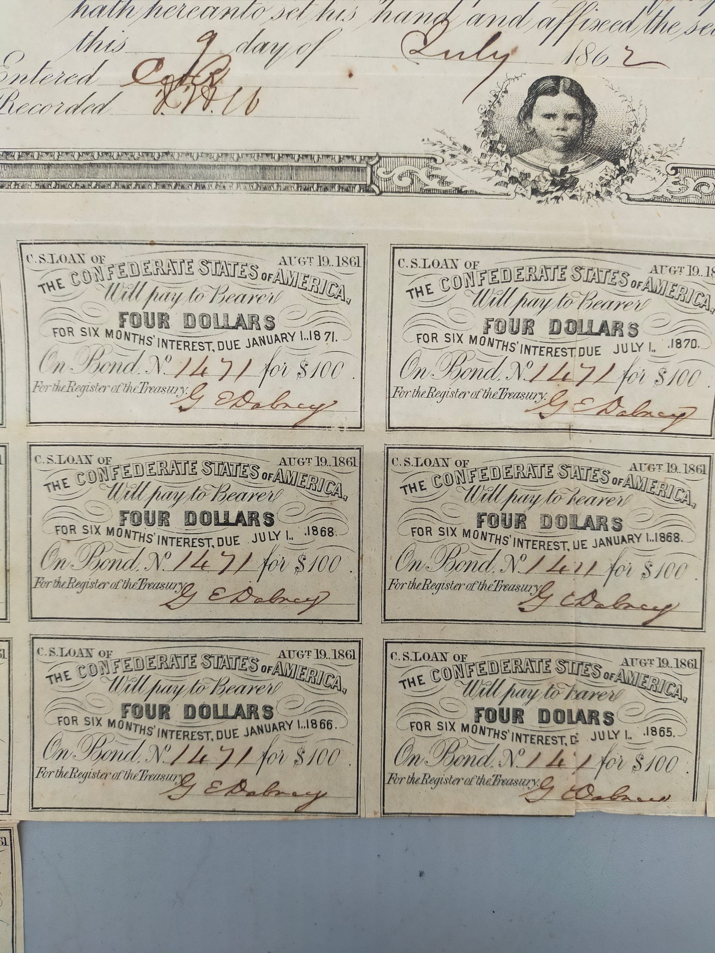 Historische Confederate States of America 100 Dollar Anleihe von 1862