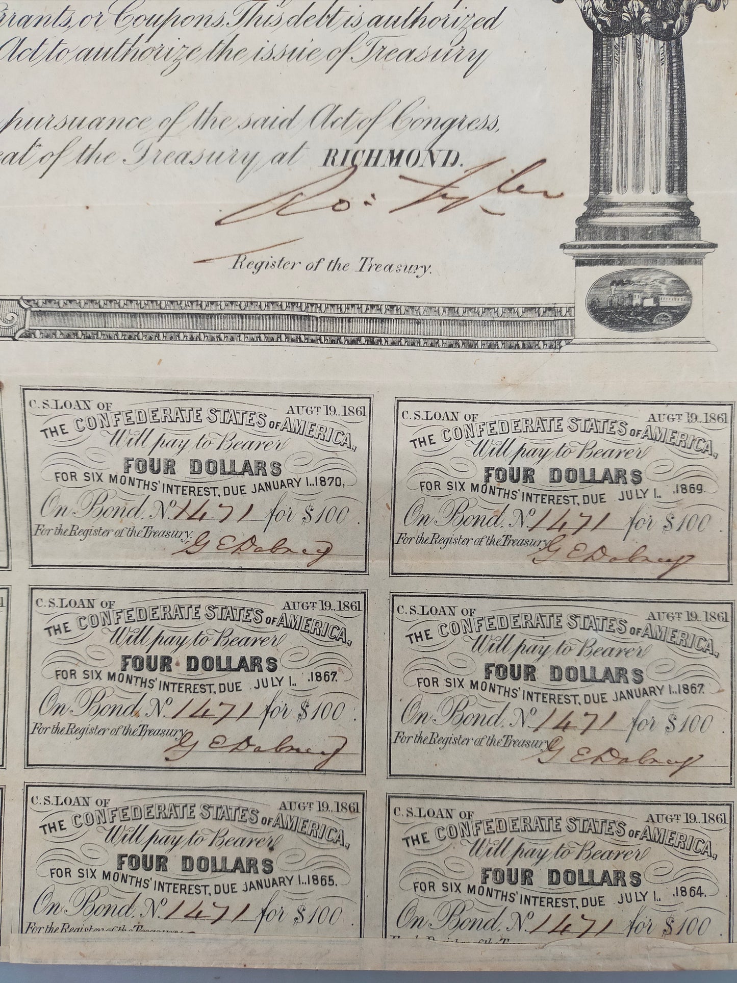Historische Confederate States of America 100 Dollar Anleihe von 1862