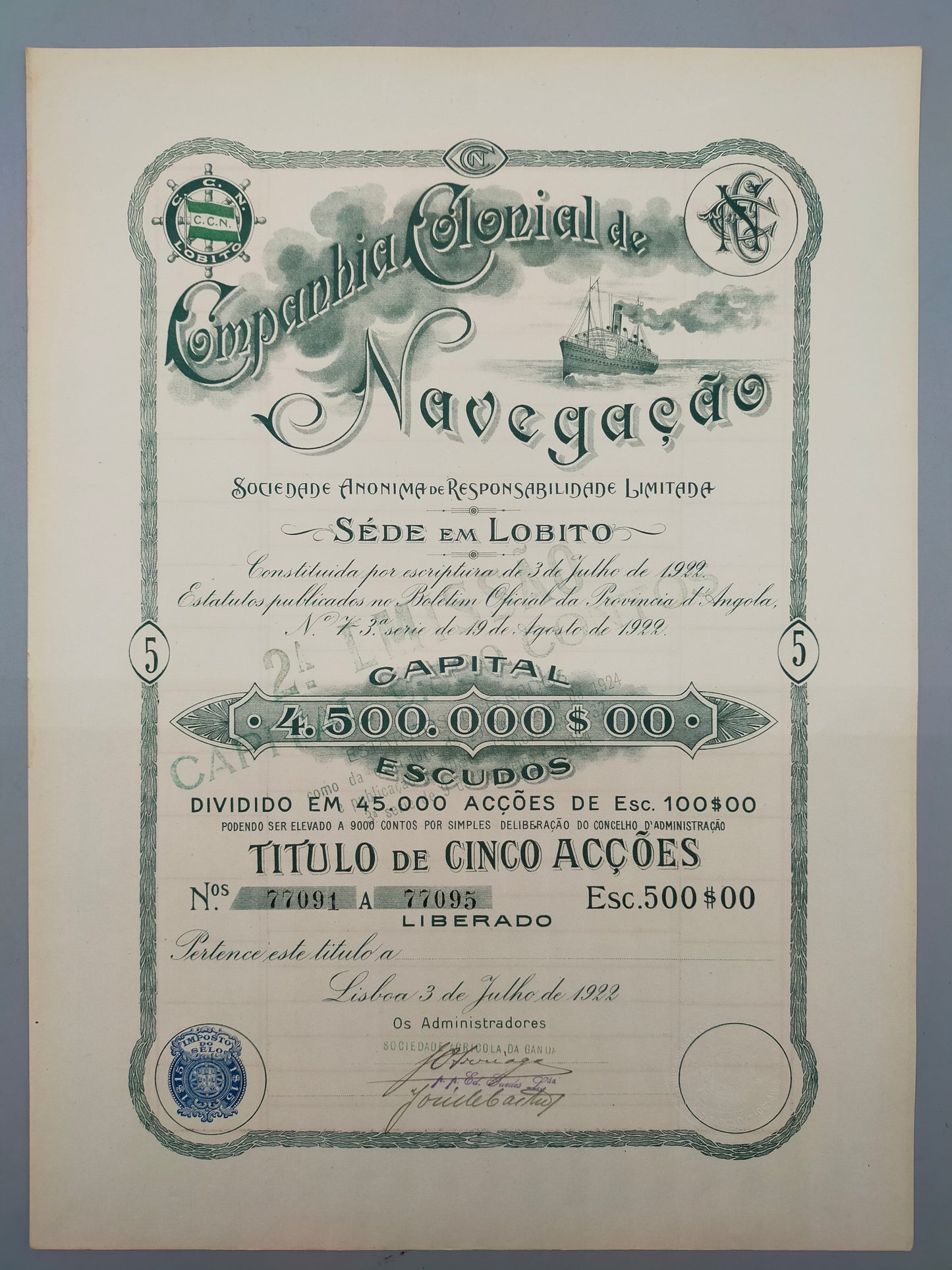 Historische Aktie Companhia Colonial de Navegação 1922 Lobito Angola