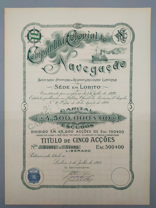 Historische Aktie Companhia Colonial de Navegação 1922 Lobito Angola