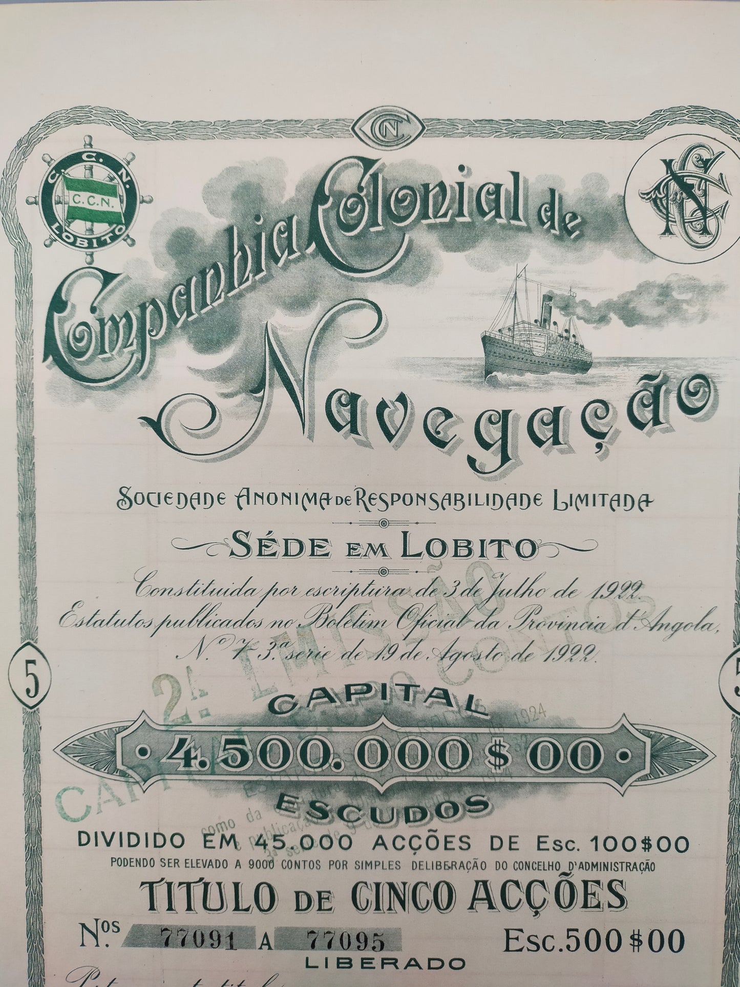 Historische Aktie Companhia Colonial de Navegação 1922 Lobito Angola