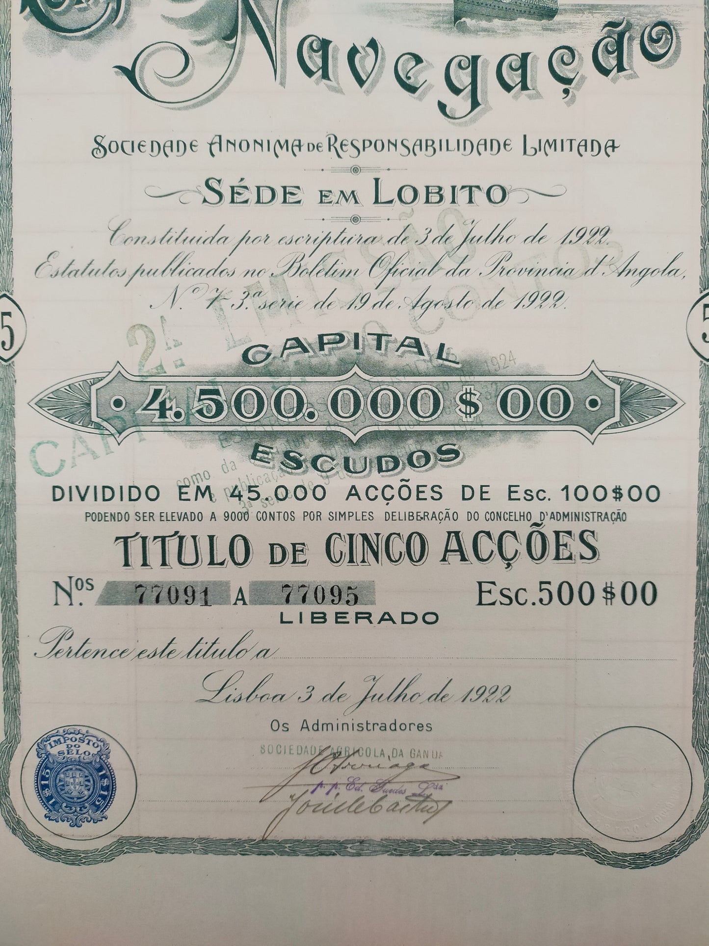 Historische Aktie Companhia Colonial de Navegação 1922 Lobito Angola