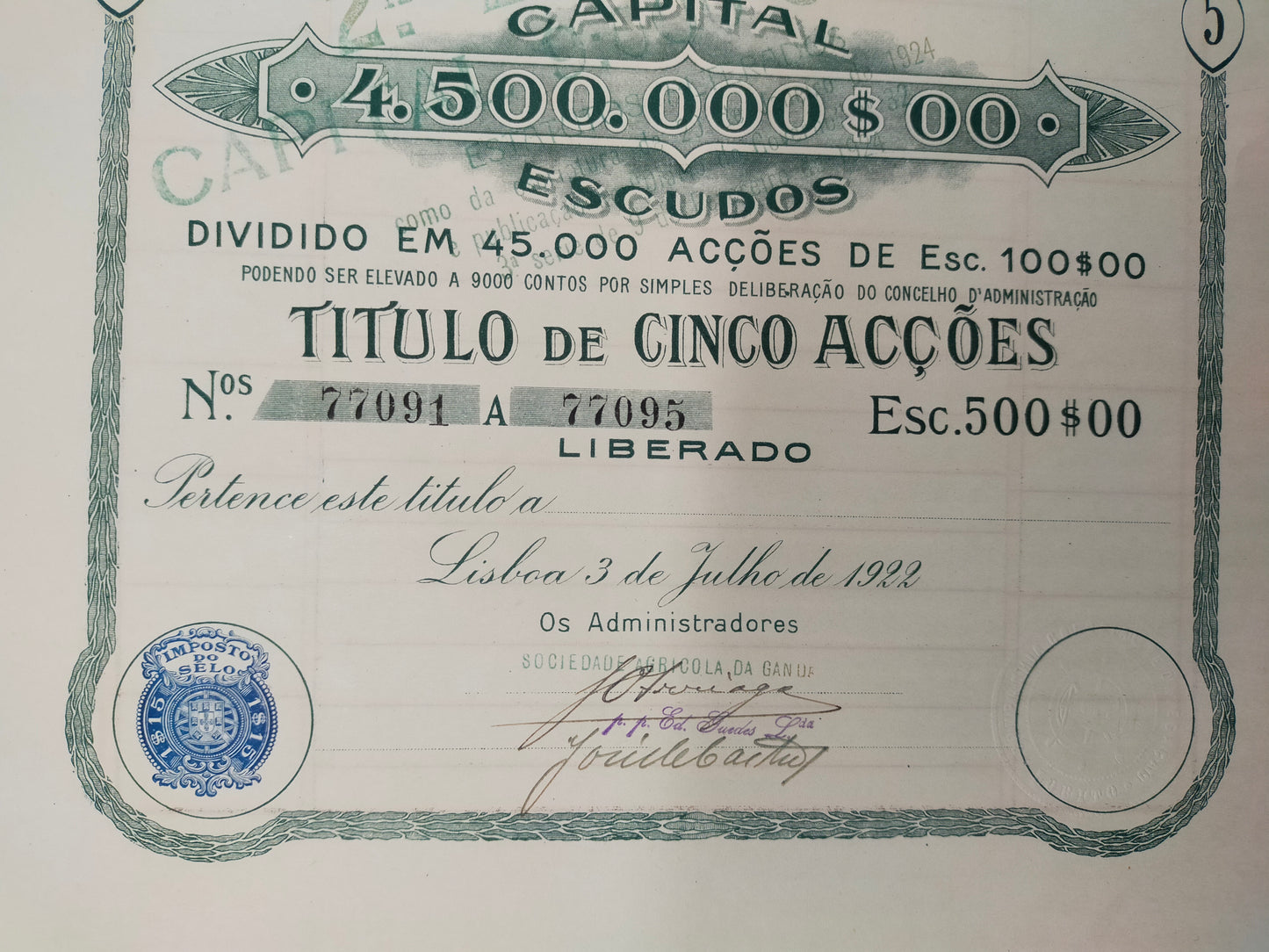 Historische Aktie Companhia Colonial de Navegação 1922 Lobito Angola