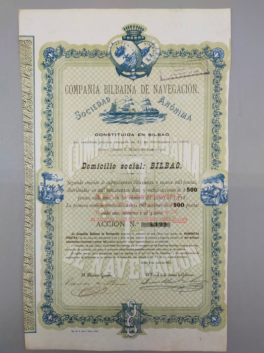 Historische Aktie Compañía Bilbaína de Navegación 1883
