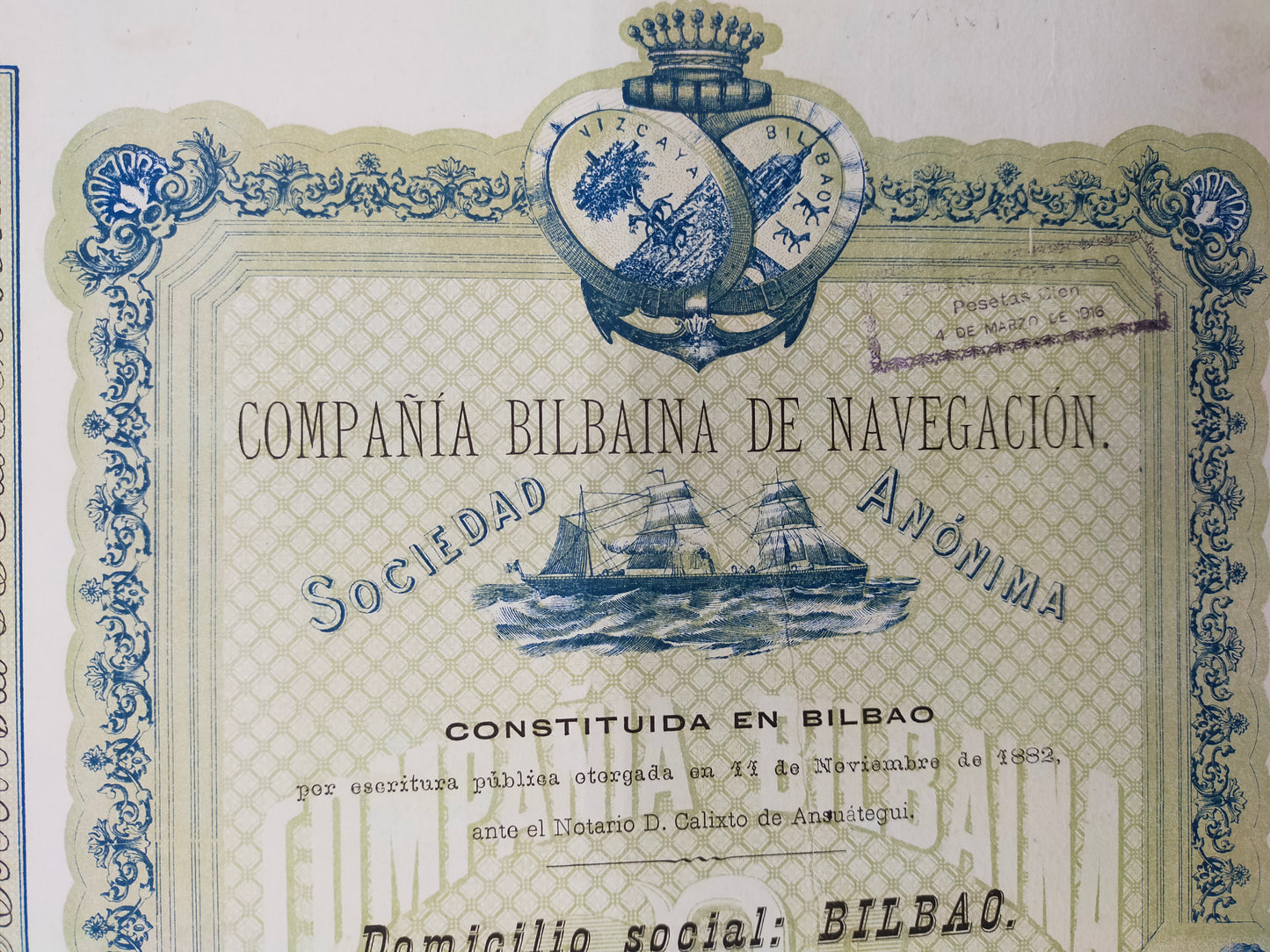Historische Aktie Compañía Bilbaína de Navegación 1883