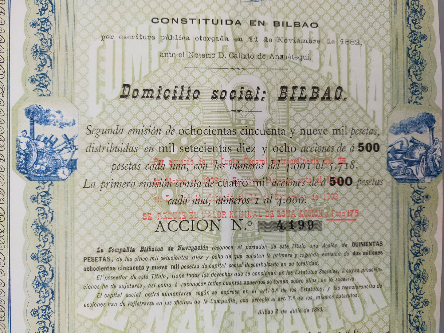 Historische Aktie Compañía Bilbaína de Navegación 1883