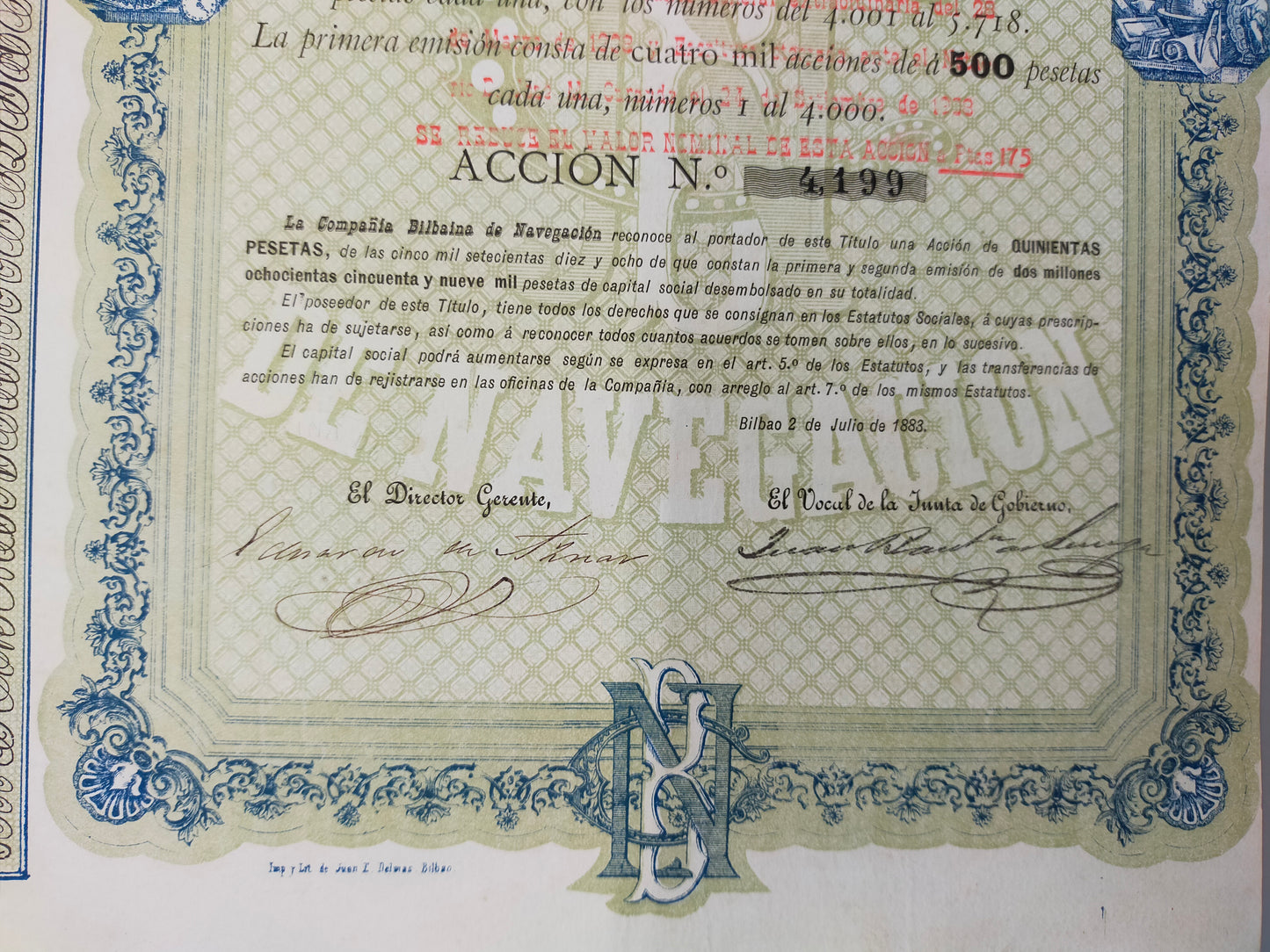 Historische Aktie Compañía Bilbaína de Navegación 1883