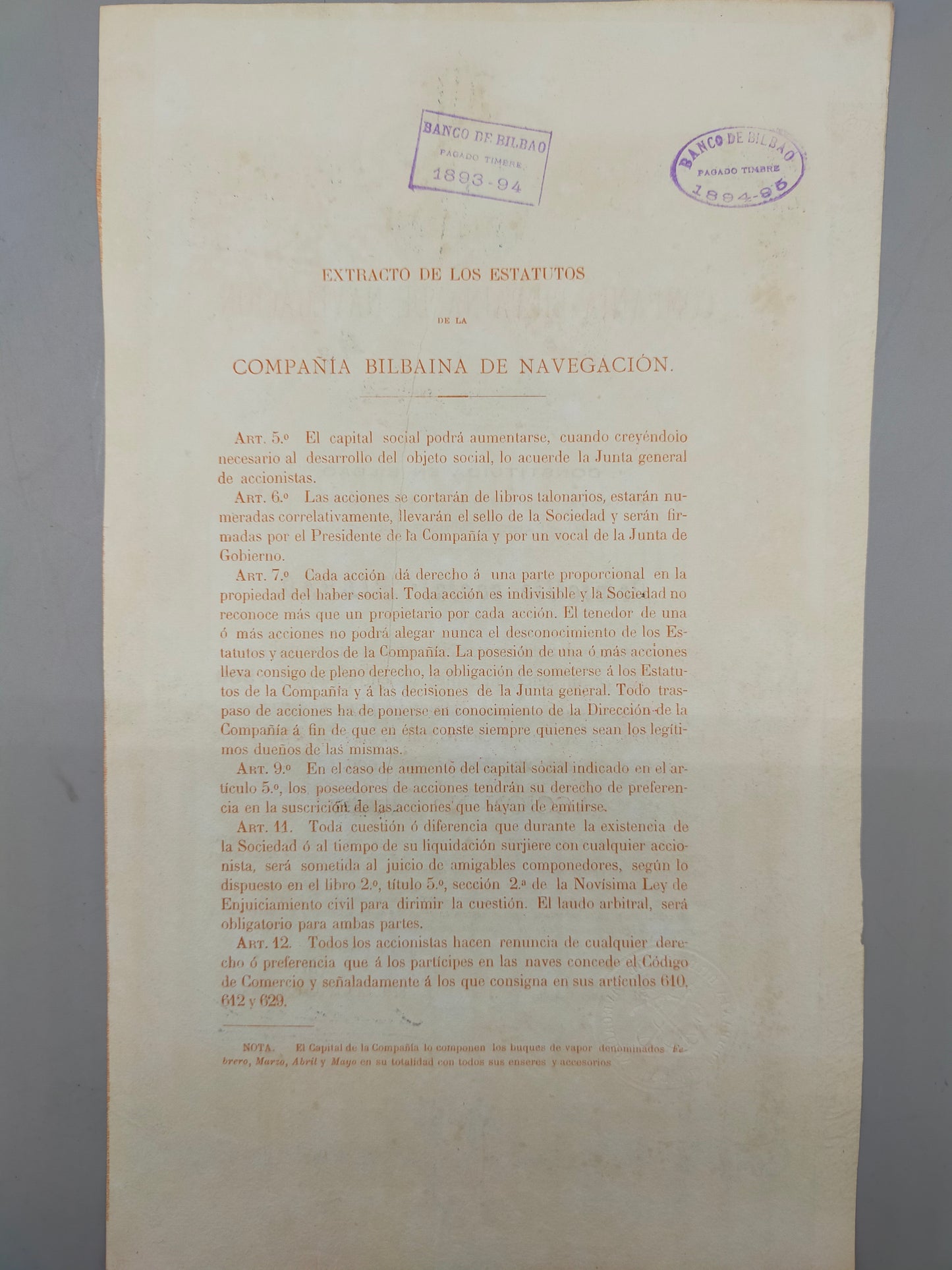 Historische Aktie Compañía Bilbaína de Navegación 1883