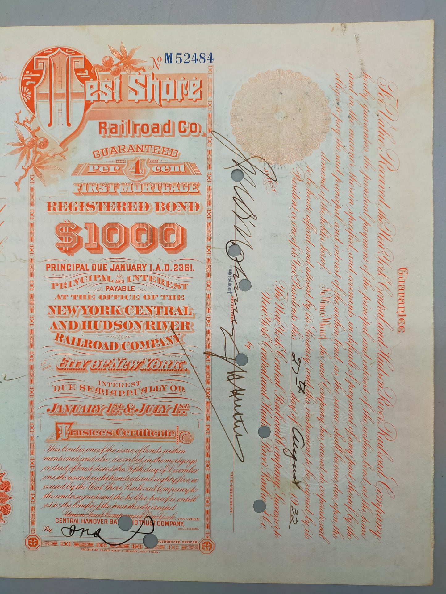 West Shore Railroad Company Historische Anleihe 1000 Dollar 1932