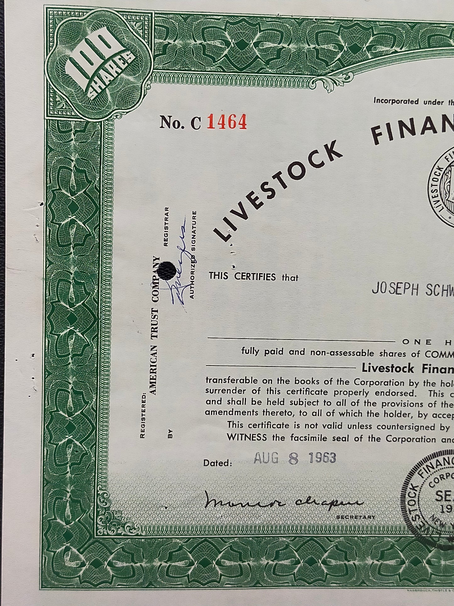 Historische Livestock Financial Corp. Aktie  100 Shares von 1963