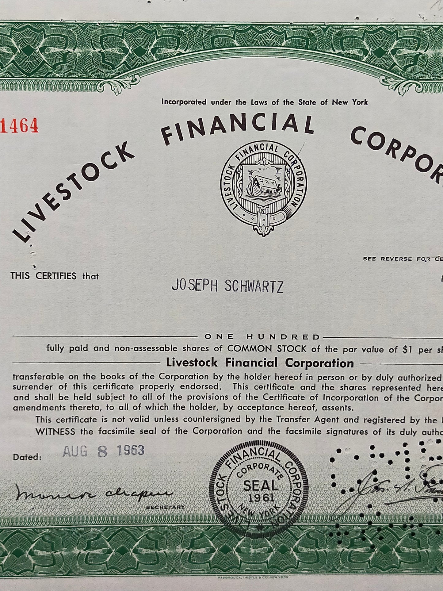 Historische Livestock Financial Corp. Aktie  100 Shares von 1963