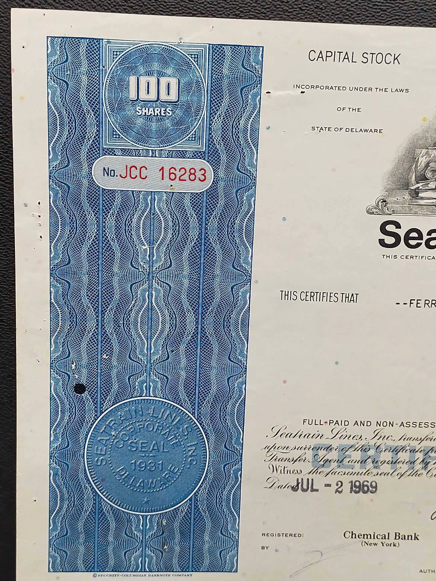 Historische Seatrain Lines Aktie 1969 Antikes Wertpapier