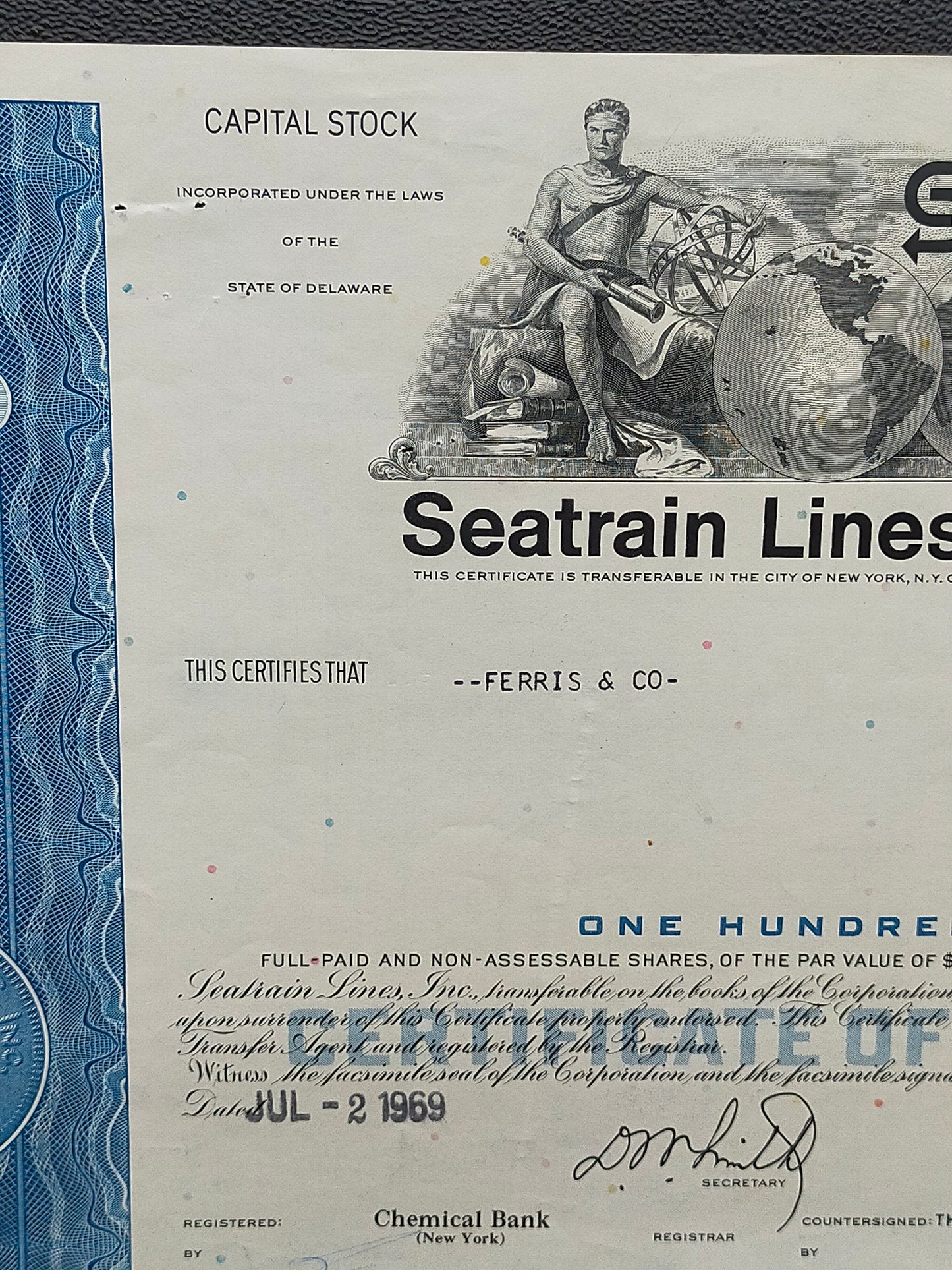 Historische Seatrain Lines Aktie 1969 Antikes Wertpapier