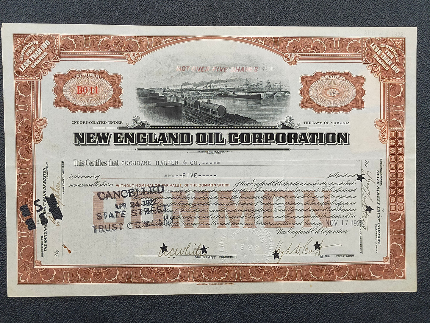 Historische New England Oil Corporation Aktie von 1922